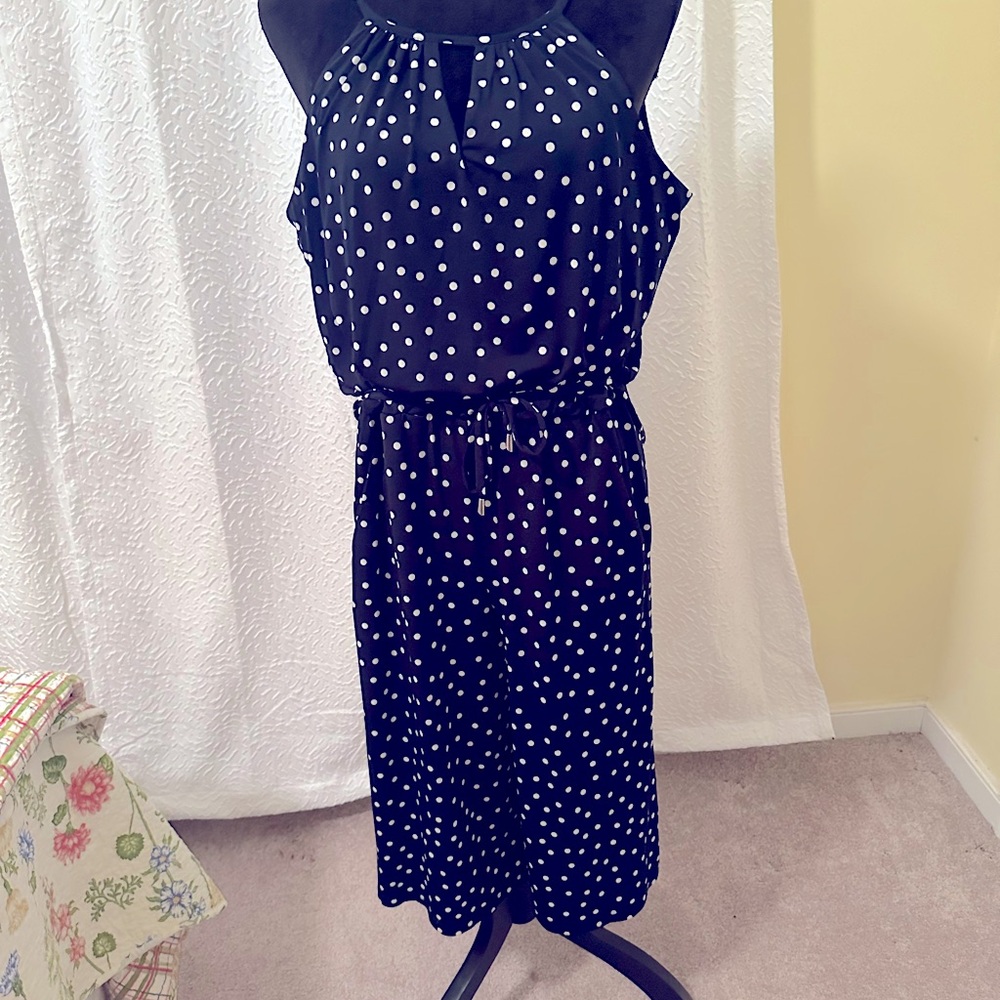 Dressy jumpsuit.  Dark blue white dots